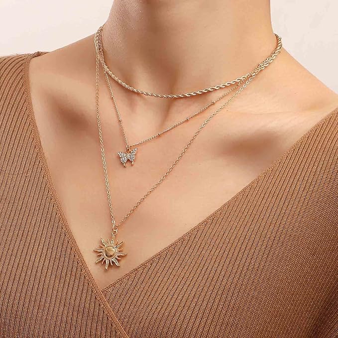 Bohemia Layered Sun Necklace Choker Crystal Butterfly Pendant Necklace Gold Rope Chain Necklace Vintage Sunflower Necklace Jewelry for Women and Girls-VivaGrace Women
