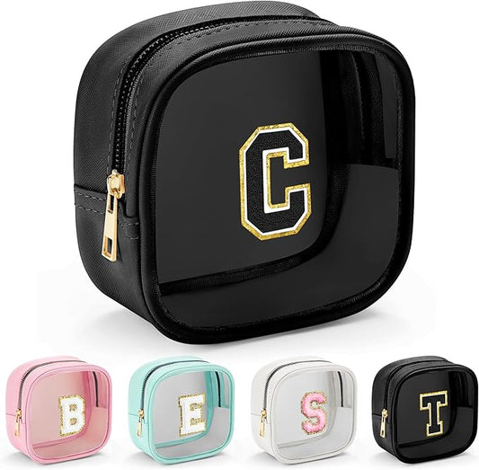 YOOLIFE Initial Makeup Bag Travel Toiletry Bag, Clear Makeup Bag Car Accessories For Women Clear Makeup Bags With Zipper Girlfriend Teacher 7 Year Old Girl Gifts Daughter Gifts Girl Gifts Mini Black C-VivaGrace Women