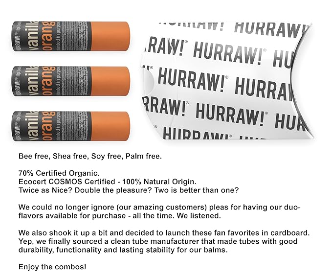 Hurraw! Vanilla & Orange Lip Balm, 3 Pack: Plastic-Free with new cardboard push-up tube. Certified Organic, All Natural Origin, Vegan & Cruelty Free. Gluten, Bee, Shea, Soy & Palm Free. Made in USA-VivaGrace Women