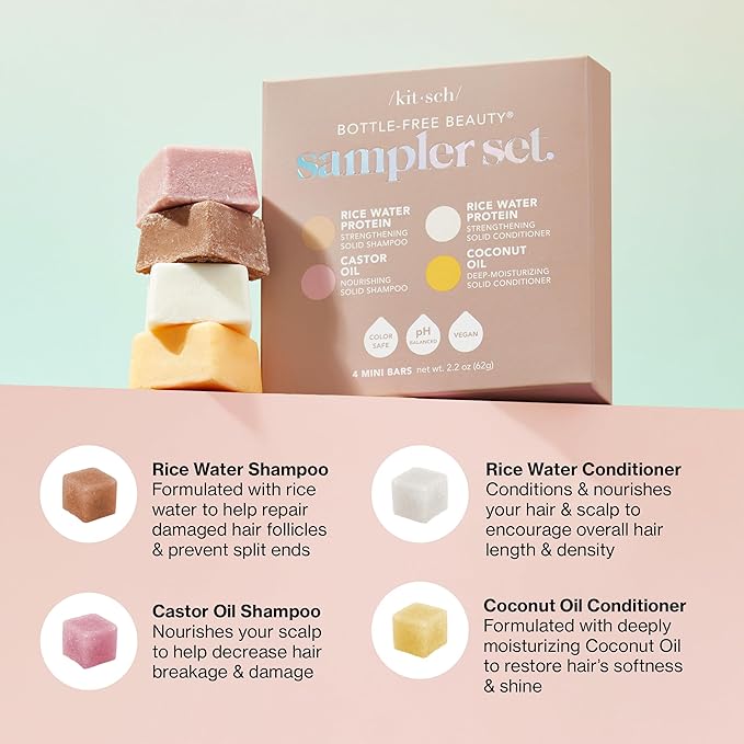 Kitsch Shampoo and Conditioner Set - 4pc Sampler Bars with Rice Water Shampoo and Conditioner, Castor Oil Shampoo & Coconut Oil Conditioner - Bottle-Free Beauty for Hair Growth, Repair & Moisture-VivaGrace Women