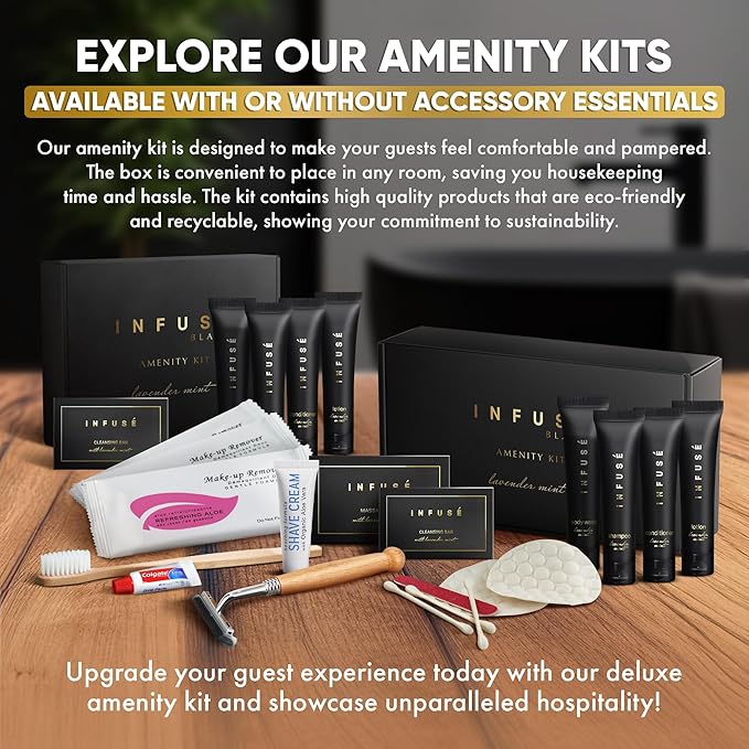 Infuse Black Amenity Kit | Boxed Hotel Toiletries | Bulk Set 1 oz Travel Size Shampoo, Conditioner, Lotion, Body Wash & Cleansing Bar for Guest Hospitality AirBnB/Vacation Rentals | 1 set per case-VivaGrace Women