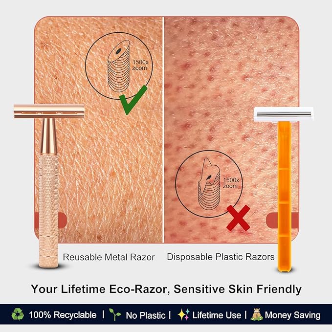 Matte Rose Gold Safety Razor, Single Blade Razors for Women, Reusable Metal Razor, with 10 Stainless Steel Double Edge Blades, Eco-friendly, Smooth & Close Shave, Plastic Free-VivaGrace Women