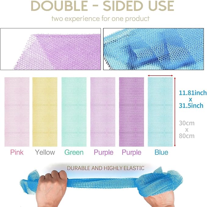 UJFQBH 6 Pieces African Bath Sponge African Net Long Net Bath Sponge Exfoliating Shower Body Scrubber Back Scrubber Skin Smoother,Great for Daily Use (Purple, Purple, Pink, Orange, Blue, Green)-VivaGrace Women