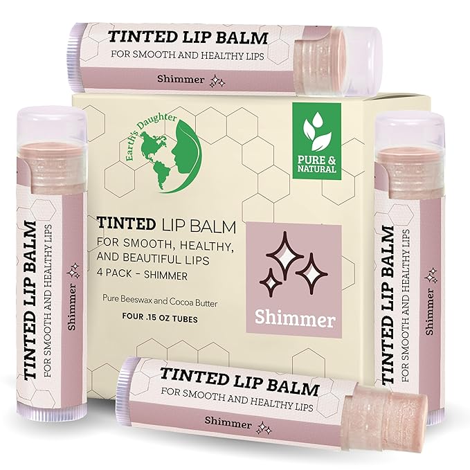 Tinted Lip Balm by Earth’s Daughter – 4 Pack of Shimmer Tint – Beeswax, Coconut Oil, Cocoa Butter, Vitamin E – Moisturize and Beautify – Paraben Free-VivaGrace Women