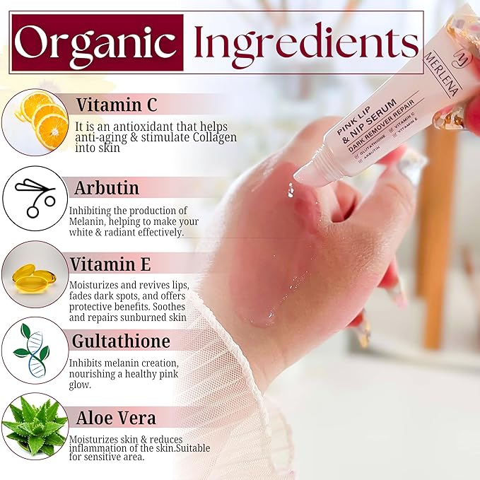 Merlena Pink Lip & Nip Serum - Hydrates and Repairs Dry, Peeling Lips and Nipples, Adds Collagen for Plumpness, Soothes Flaky Skin, Organic Vitamin C & E Formula 8ml-VivaGrace Women