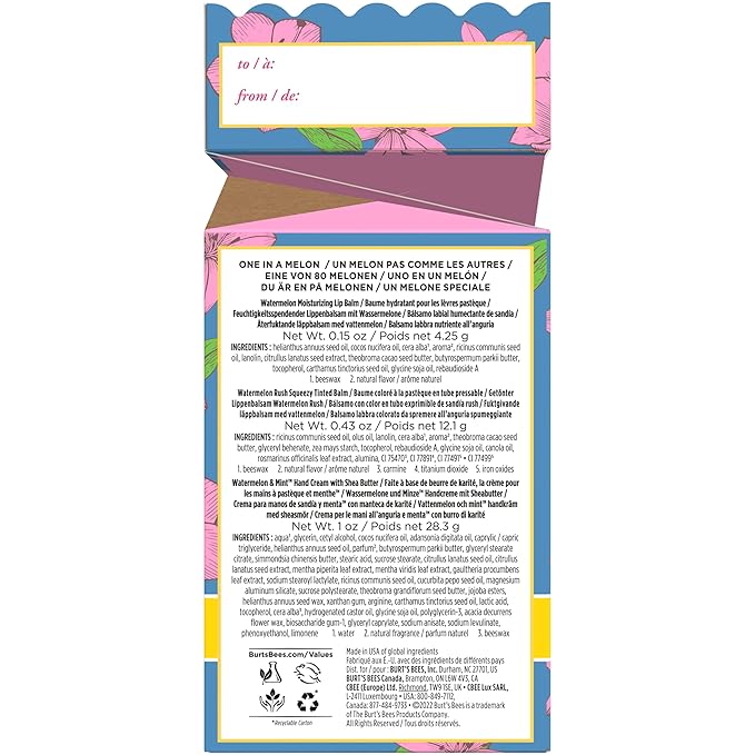 Burt's Bees Mothers Day Gifts for Mom, 3 Self Care Products, You're One in a Melon - Watermelon & Mint Hand Cream, Watermelon Lip Balm & Watermelon Rush Squeezy Tinted Lip Balm (Packaging May Vary)-VivaGrace Women