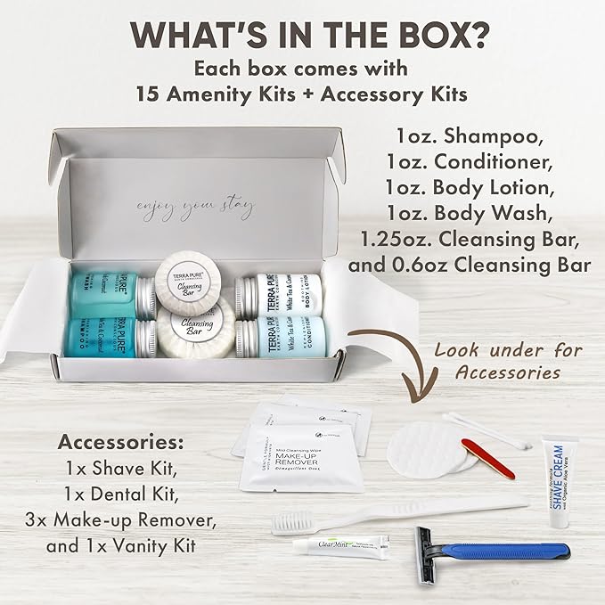 Terra Pure White Tea & Coconut Amenity & Accessory Kit |1oz Travel Size Shampoo, Conditioner, Lotion, Body Wash, 2 Cleansing Bars, Shave & Dental Sets, Make-Up Remover Wipes, & Vanity Kit | 15 Boxes-VivaGrace Women