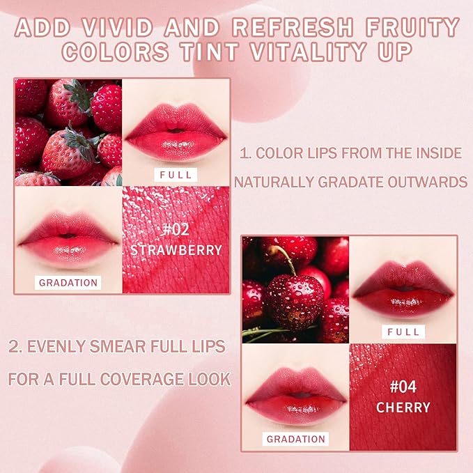 4 Pcs Fruit Lip Stain Set, Vivid Watery Lip Tint Lip Gloss, Plump Velvet Lip Tint Stain, Natural Matte Liquid Lipstick for Lips Cheek Eye, Non-Stick Cup Mini Tinted Lip Long lasting Waterproof-VivaGrace Women