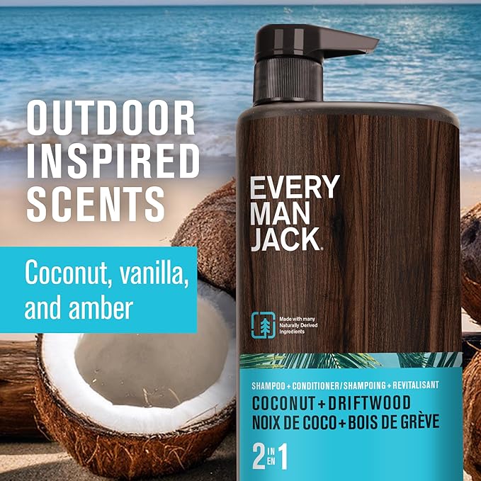 Every Man Jack 2-in-1 Daily Shampoo + Conditioner - Coconut & Driftwood | Nourishing For All Hair Types, Naturally Derived, Cruelty-Free Shampoo and Conditioner Set for Men | 24oz -1 Bottle-VivaGrace Women