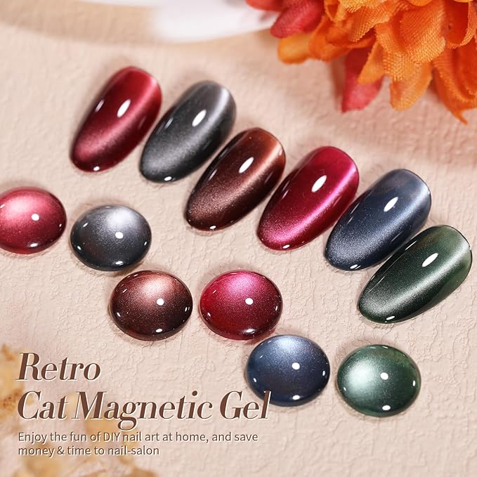 Born Pretty Cat Magnetic Eye Gel Nail Polish, Fall Winter Retro Cat Magnetic Gel, Pink Brown Blue Gray Green Magnetic Soak Off Nail Art Salon Manicure Home Gift 7ML 6PCS-VivaGrace Women