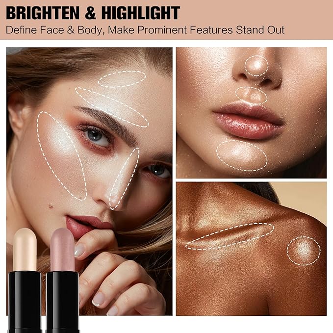 Contour Stick, 2Pcs Dual-Ended Highlighter Makeup Pen & Contouring Stick for Face Shaping, Long Lasting Waterproof Cream Bronzer & Highlight Sticks Make Up Kit for All Skin Tones(01# + 03#)-VivaGrace Women