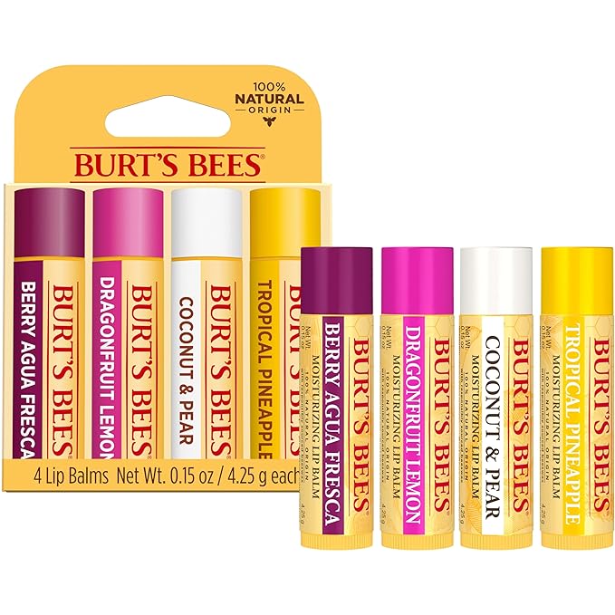Burt's Bees Lip Balm - Berry Agua Fresca, Dragonfruit Lemon, Coconut & Pear, Tropical Pineapple Pack, With Beeswax, Tint-Free, Natural Origin Lip Treatment, 4 Tubes, 0.15 oz.-VivaGrace Women
