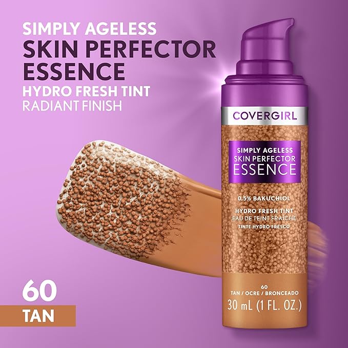 Covergirl Simply Ageless Skin Perfector Essence Foundation, 60 Tan, Tinted Skin Perfector, Skincare Makeup Hybrid, Sheer Tint, Radiant Finish, Skin-Like Finish, Vegan Formula, 1.0oz-VivaGrace Women