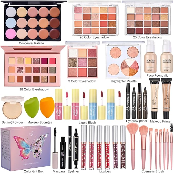 All in One Makeup Kit, Make Up Gift Set for Women, Makeup Kit for Women Full Kit, Includes Foundation Face Primer Eyeshadow Concealer Liquid Blush Lipgloss Eyeliner Mascara Cosmetic Brushes Set-VivaGrace Women