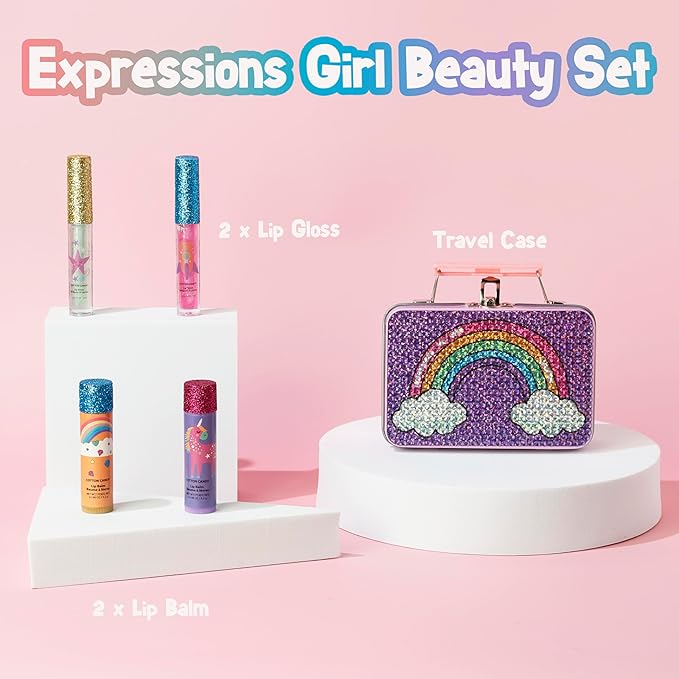 Expressions 5pc Rainbow Rhinestones Cosmetics Lip Kit For Kids w/Lip Glosses, Lip Balms & Tin Box Storage Case Magical Lip Set,Washable + Non Toxic-VivaGrace Women