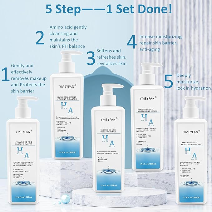 5 Step Skin Care Set, Large 17.6 Fl oz, All with Hyaluronic Acid Facial Skin Care Products, Makeup Remover, Cleanser, Toner, Serum, Lotion, Hydrating & Protect Skin, Sulfates & Paraben-Free-VivaGrace Women