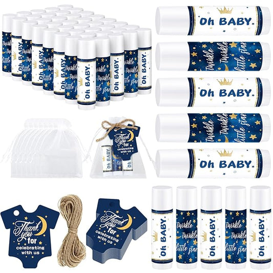 Demissle 50 Pcs Baby Shower Lip Balm Gift Set with 100 Pcs Organza Bags Baby Shower Party Favor for Guest Thank You Tag Rope Baby Shower Party Decoration Gender Reveal Souvenirs(Night)-VivaGrace Women