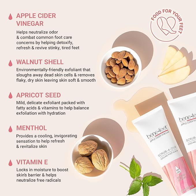 Benefeet Scrub-A-Dub Cooling Foot Scrub - Exfoliates + Refreshes Dry + Dull Skin, Get Smoother Skin from Heel to Toe, Made w/Vitamin E, Apple Cider Vinegar, Walnut Shell + Apricot Seed, 4 oz (2 Pack)-VivaGrace Women