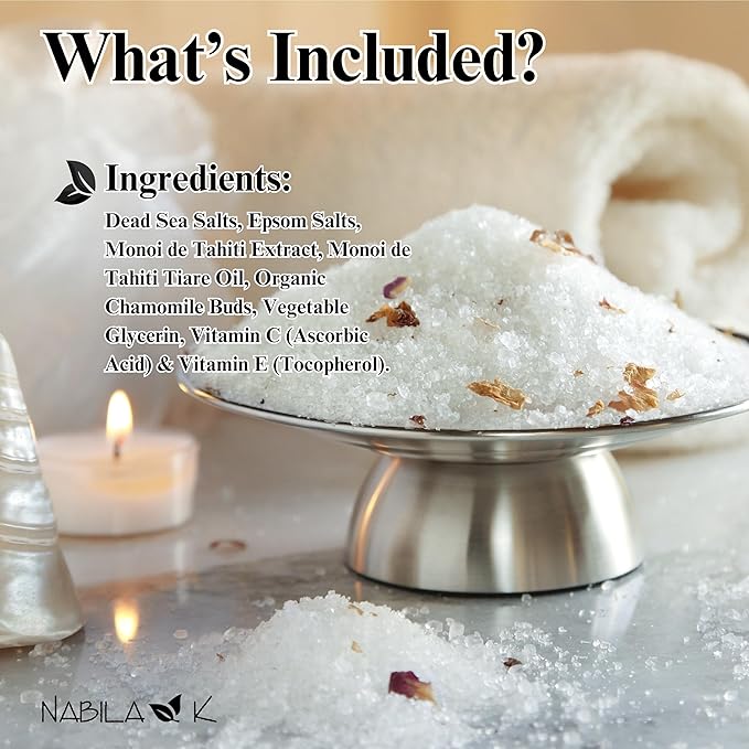 Polynesian Monoi Bath Salts by Nabila K - Dead Sea Salt & Epsom Salt Scrub & Soak - Exfoliates & Hydrates Skin, Botanical Essential Oils - Bubble Bath Accessories for All Skins Types, 8 oz-VivaGrace Women