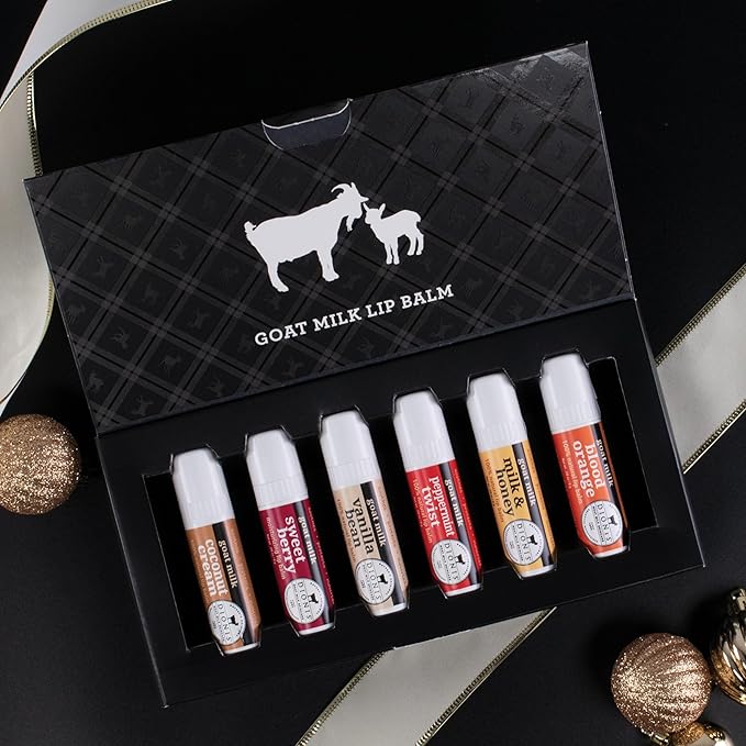 Dionis Goat Milk Lip Balm Deluxe Gift Box Set of 6 Vanilla, Coconut, Milk & Honey, Berry, Peppermint & Blood Orange Scented Chapstick - Shea Butter & Coconut Oil Gifts For Her, Protect & Restore Lips-VivaGrace Women
