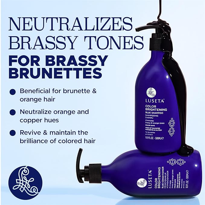 Luseta Blue Shampoo & Conditioner Set - Color Brightening for Brassy and Brunette Treated Hair, Revive Cool Tones, 2x 16.9oz-VivaGrace Women