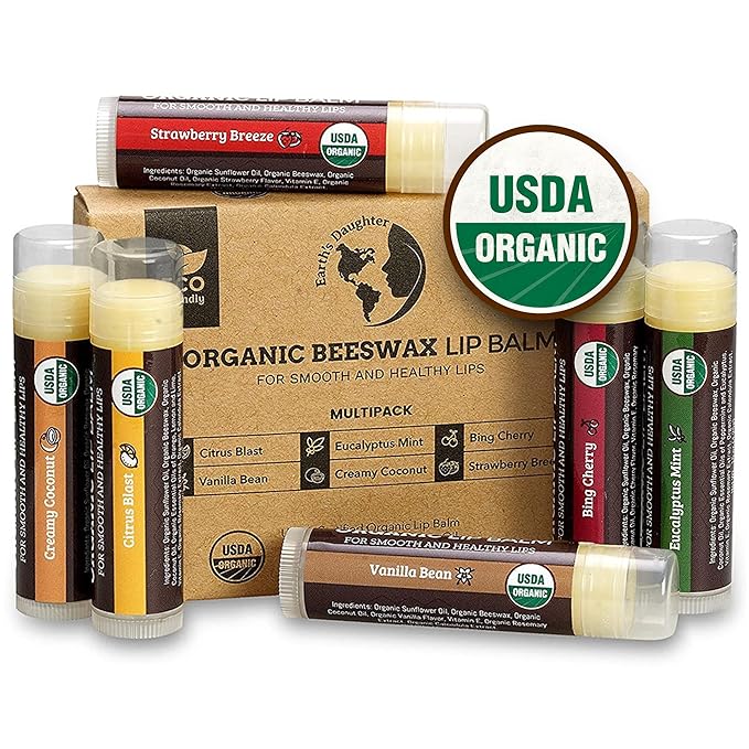 USDA Organic Lip Balm 6-Pack by Earth's Daughter - Fruit Flavors, Beeswax, Coconut Oil, Vitamin E - Best Lip Repair Chapstick for Dry Cracked Lips - Moisturizing Lip Care-VivaGrace Women