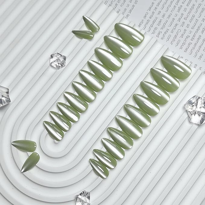 KQueenest Cat Eye Sage Green Press on Nails Almond Shape, 30 Pcs Glitter Fake Nails Medium, Thick Sparkly Glass Nails Press on, Shiny Acrylic Nails, Cute Bling Stick on Nails for Women