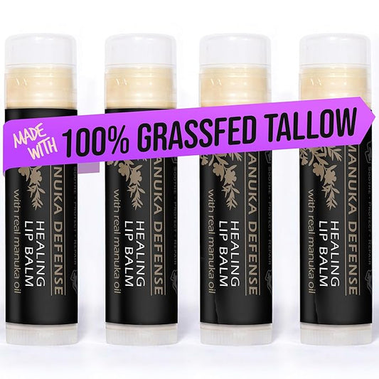 BALM OF GILEAD Manuka Defense Healing Lip Balm - Intensive Moisture Therapy in Tube w/Manuka, Tea Tree & Cooling Peppermint - Ideal for Chapped & Cracked Lips - Beauty Pack Of 4-0.15 oz-VivaGrace Women