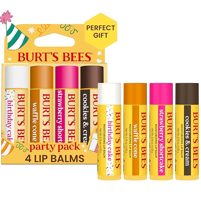 Burt's Bees Lip Balm Party Pack - Birthday Cake, Waffle Cone, Strawberry Shortcake, and Cookies & Cream, All Day Moisturizer, Tint-Free, Natural Origin Conditioning Lip Treatment, 4 Tubes, 0.15 oz.-VivaGrace Women