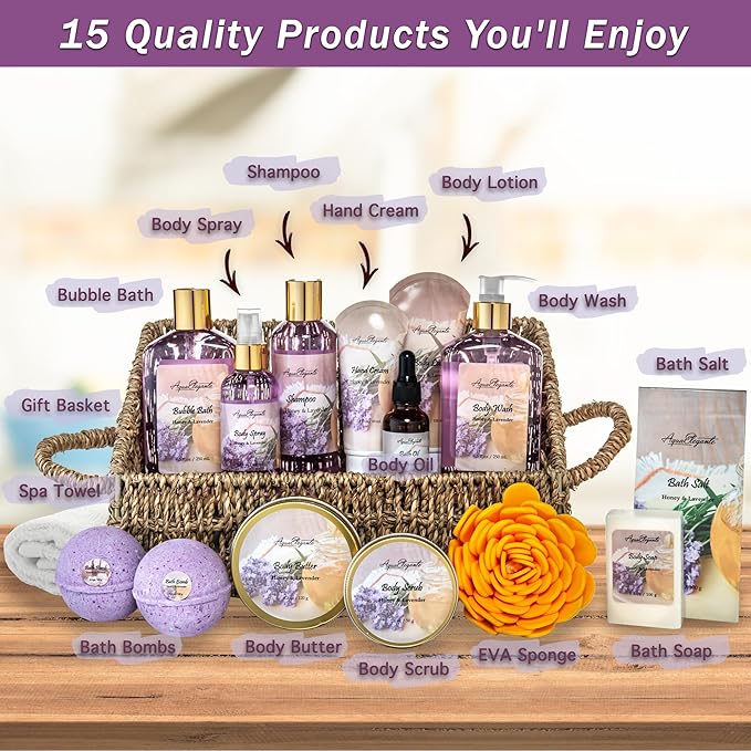 Bath Spa Gift Sets - Luxury Basket With Honey & Lavender - Spa Kit Includes Wash, Bubble Bath, Lotion, Bath Salts, Body Scrub, Body Spray, Shower Puff, Bathbombs, Soap and Towel-VivaGrace Women