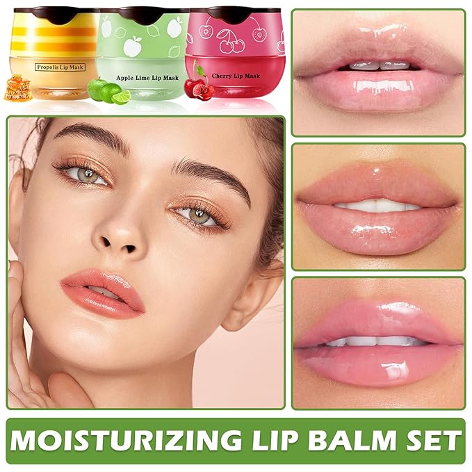 Honey Pot Lip Balm,3PCS Bee Lip Balm Honey Pot Cherry Apple Lip Scrub,Fade Lip Lines Lip Mask Overnight Prevention Dry and Cracked Lip Sleeping Mask (Honey+Apple+Cherry)-VivaGrace Women