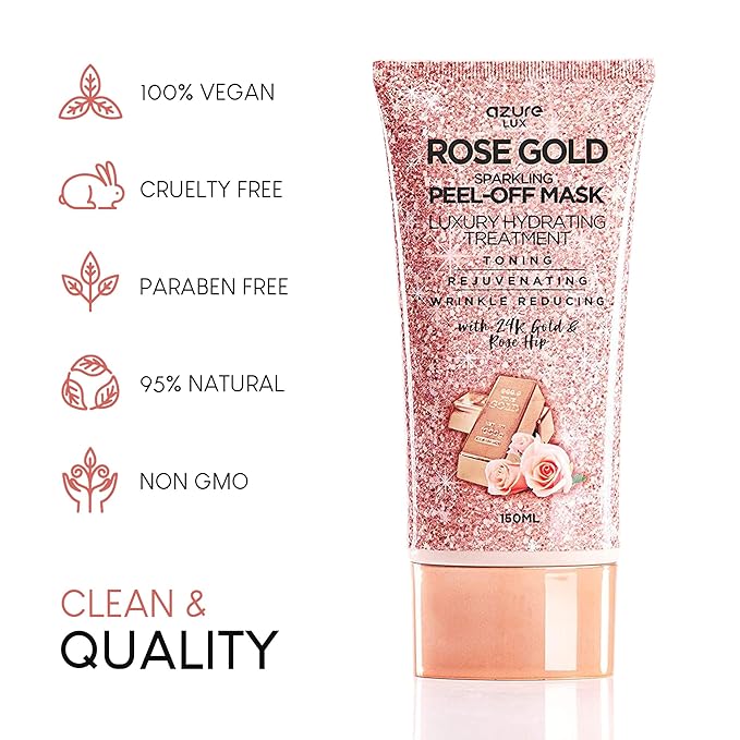 Azure Cosmetics Rose Gold Sparkling Peel-Off Face Mask – Luxury Hydrating & Firming Skincare with 24K Gold & Rose Hip Oil – Helps Reduce Fine Lines, Tone Skin & Improve Texture – 150 ml-VivaGrace Women