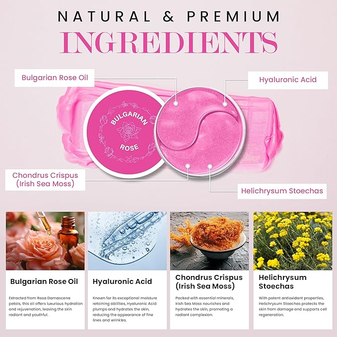 Under Eye Mask Under Eye Gels with Irish Sea Moss Bulgarian Rose and Hyaluronic Acid 60 Eye Gels (30 Pairs) Eye Masks for Men and Women-VivaGrace Women