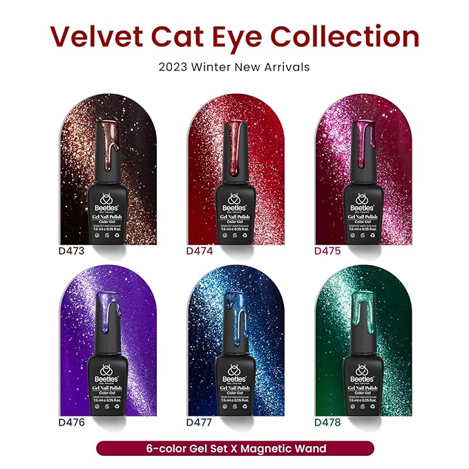 Beetles Cat Eye Gel Nail Polish Set, 6 Colors Glitter Red Pink Shiny Brown Burgundy Purple Blue Green Magnetic Effect Sparkle Stunning Nail Gel Polish Kit Soak Off UV Manicure Gifts for Women-VivaGrace Women