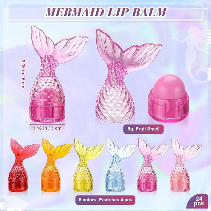 24 Pcs Mermaid Girl Birthday Party Supplies Lip Balm Graduation Gifts Bulk Kids Classroom Gift Exchange Party Supplies Birthday Mermaids Themed Party Decor Gifts for Preschool Toddler Boy Girl-VivaGrace Women