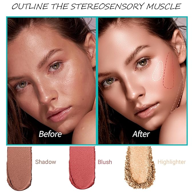3Pcs Cream Contour Stick, with Highlighter Stick Milk Bronzer Stick Blush Stick, Face Contour Stick with Makeup Brush and Sponge, Easy to Sculpt the Face, Long Lasting, Waterproof-VivaGrace Women