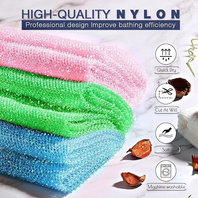 UJFQBH 3 Piece Bright Style African exfoliating net Exfoliating Shower Set Long Bath Sponges for Smooth, Refreshed Skin, The Exterior Gleams - Ideal for Daily Use (Bright Pink, Blue, Green)-VivaGrace Women