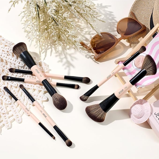 Jessup Makeup Brushes Set 7pcs Double Sided Makeup Brushes for Foundation Concealer Blush Eyeshadow Contour Bronzer Powder Blending Eyebrow Eyeliner, Cruelty-Free Make up Brushes Peach Dust T600-VivaGrace Women