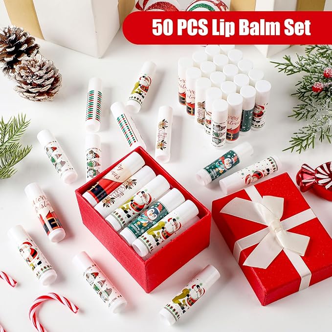 50 Pcs Pink Princess Lip Balm Bulk Pink Girl Lip Care Products Pink Girl Birthday Party Supplies Princess Party Gifts for Kids Women Bachelorette Party Bridal Baby Shower(Classic Christmas Styles)-VivaGrace Women