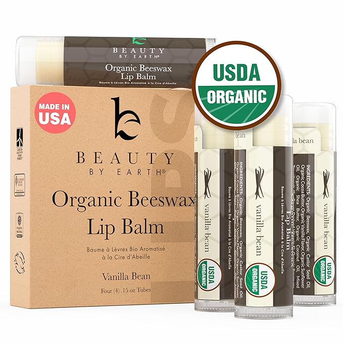 Organic Lip Balm - 4 Pack Beeswax Vanilla Chapstick, All Natural Lip Balm Gifts for Women, Organic Chapstick, Birthday Gifts for Her & Him, Hydrating Vanilla Lip Balm Beauty Gifts, Natural Chapstick-VivaGrace Women