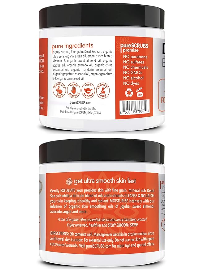 pureSCRUBS Premium Citrus Body Scrub Set - Large 16oz Dead Sea Salt Body Scrub With Infused Essential Oils & Nutrients, Includes Wooden Spoon, Loofah & Oatmeal Exfoliating Bar Soap-VivaGrace Women