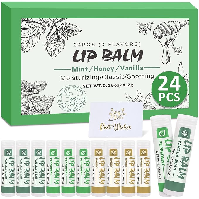 24 Pack Lip Balm Bulk, Vanilla Mint Honey, 100% Natural Lip Balm with Vitamin E and Coconut Oil, Moisturizing Lip Balm for Dry Lips-VivaGrace Women