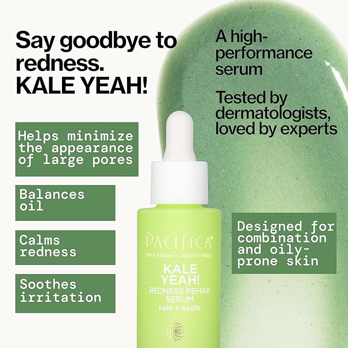 Pacifica Kale Yeah! Redness Rehab Serum – Niacinamide & Super Greens Face Serum to Calm Redness, Minimize Pores & Oil, Soothing Anti-Redness for Oily/Combination Skin Vegan Dermatologist Tested-VivaGrace Women