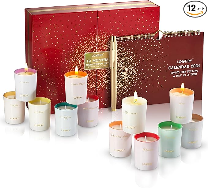 Womens Gifts, Candle Gifts for Women with 2024 Wall Calendar, 12 Unique Scented Aromatherapy Soy Candles & Gold Pen, 12 Month Advent Calendar, Home Candle Birthday Gift Set for Women & Men-VivaGrace Women