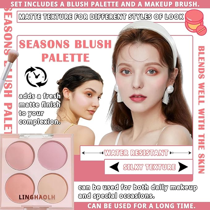 4 Colors Blush Palette for Cheeks,Face Matte Contour Blush Makeup Palette,Buildable Shimmer Facial Cheek Blusher Shades,Blendable Cosmetic Makeup Blush with Blush Brush 03-VivaGrace Women