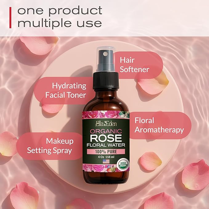 Ella & Eden Organic Rose Water Spray for Face, Hair 4 Fl Oz | USDA Certified 100% Pure Steam Distilled Hexane-Free | Hydrating, Refreshing Facial Mist for All Skin Types-VivaGrace Women