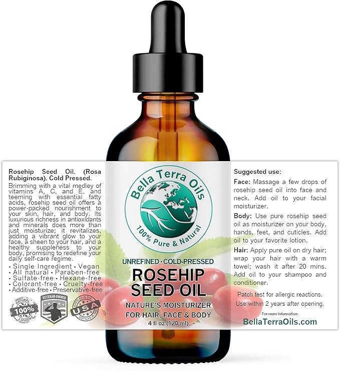 Bella Terra Oils - Organic Rosehip Oil 4 oz - Hailing from The Finest Rosa Mosqueta, Abundant in Omega-6 & Omega-3 Fatty Acids, Pure Radiance for Face-VivaGrace Women