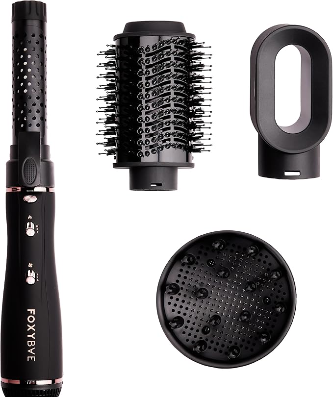 Foxybae Super Styler – 4-in-1 Blow Dryer Brush Set - Diffuser, Blowout Brush, 1.25” Curling Barrel & Drying Cylinder - Voluminous, Frizz-free Hair - Blow Dryer, Straightener & Curler [Black Rose-Gold]-VivaGrace Women