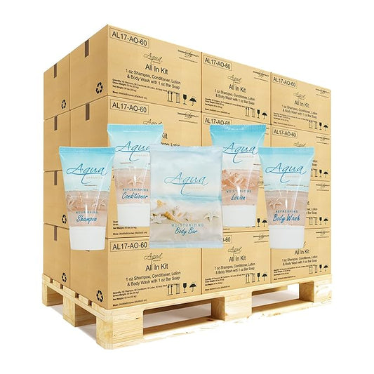 Aqua Organics Hotel Soaps and Toiletries Bulk Set | 1oz Hotel Shampoo & Conditioner, Body Wash, Body Lotion & 1oz Bar Soap Travel Size | Half Pallet 21 cases with 300 units each - 6,300 pieces-VivaGrace Women