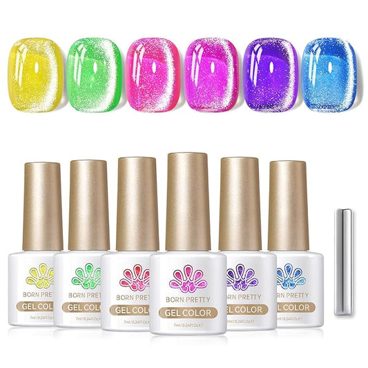 Born Pretty Cat Magnetic Eye Gel Nail Polish Spring Summer Neon Shimmer Glitter Holographic Cat Magnetic Eye Gel Crystal Glass Cat Magnetic Gel Polish Nail Art Manicure DIY at Home 6PCS-VivaGrace Women
